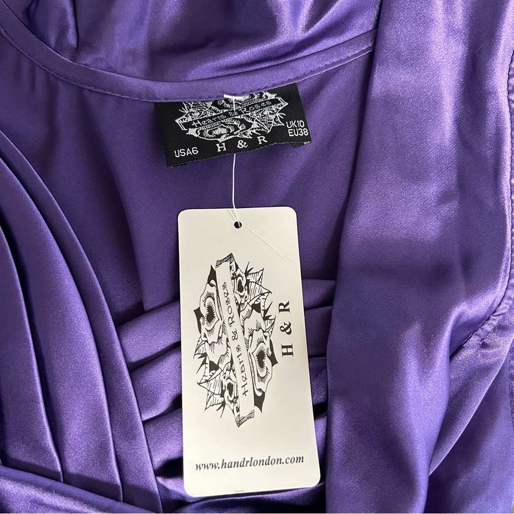 H & R London Purple Satin Retro Pin Up Style Fit Flare Tea Length Dress US 6 - Picture 8 of 15